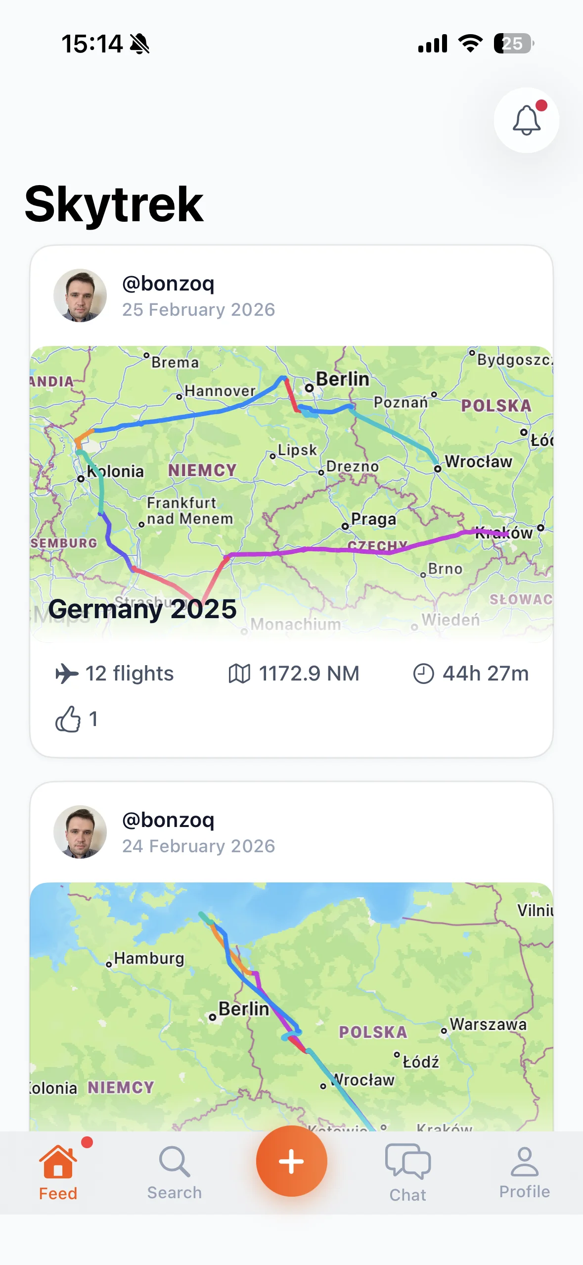 Skytrek social feed showing shared trip maps