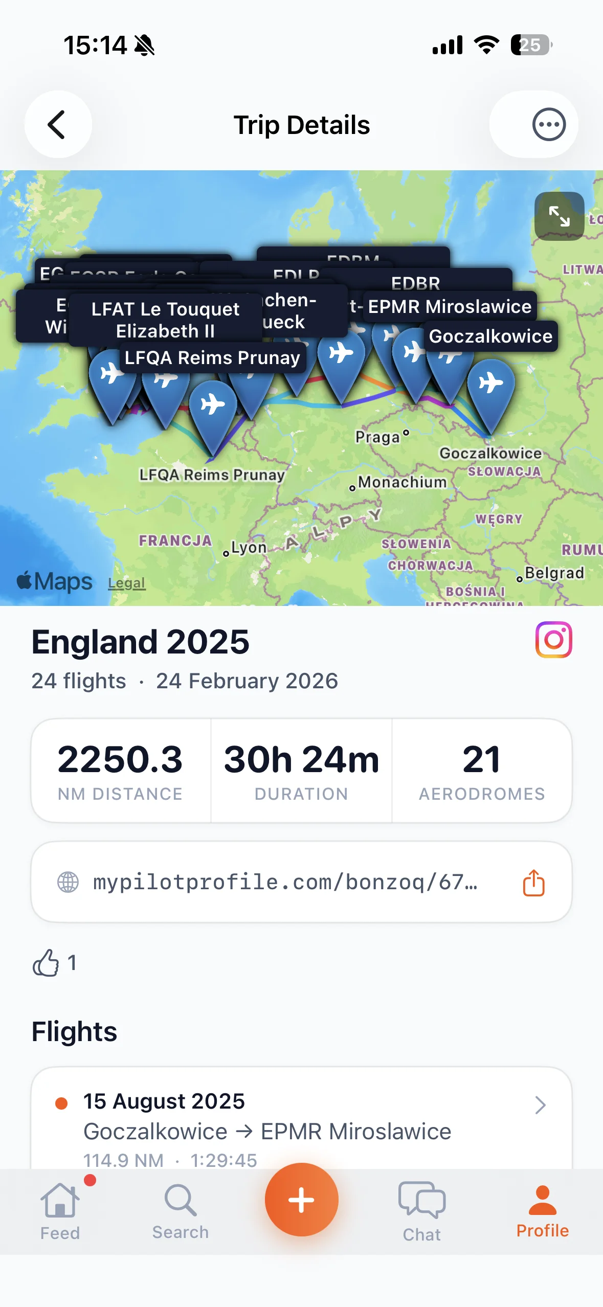 Trip details view with flight routes on map